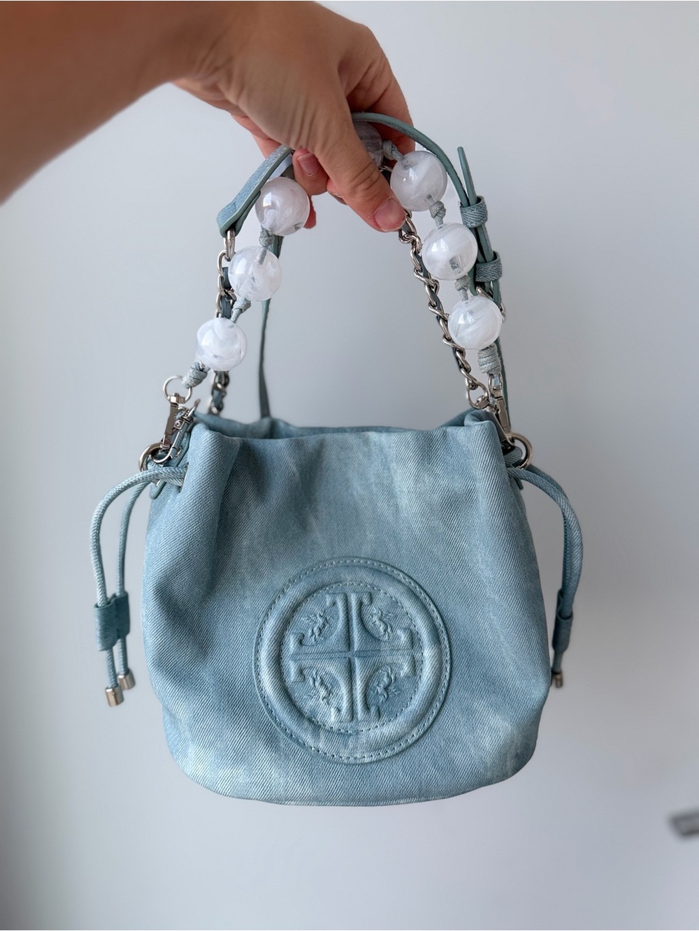Light Blue Mini Drawstring Bucket Bag with Pearl-Style Handle